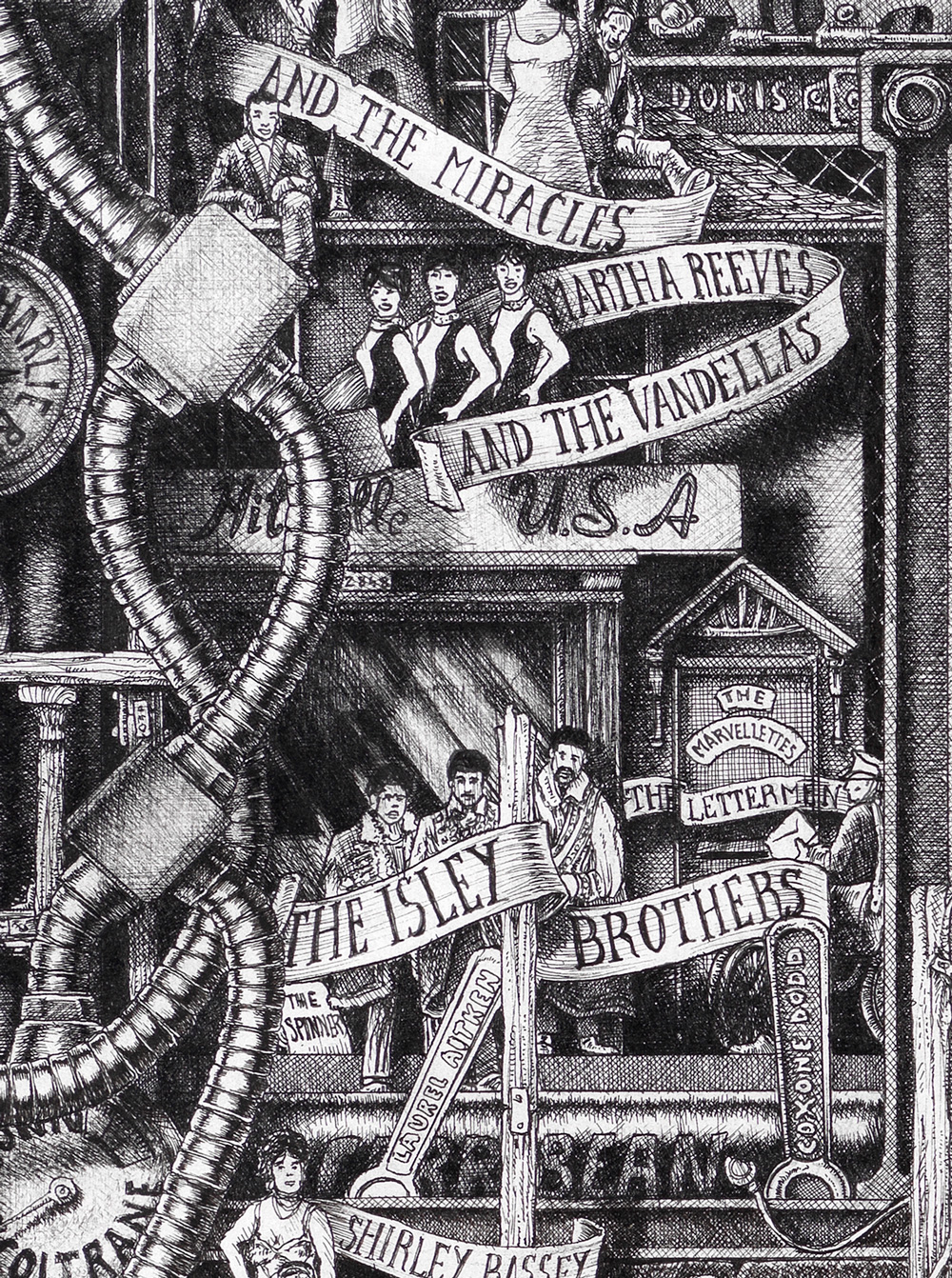 Original black and white ink detail from "The Great History of Rock and Roll" by Massimo Cravich, depicting Motown Records and some of its musicians.
