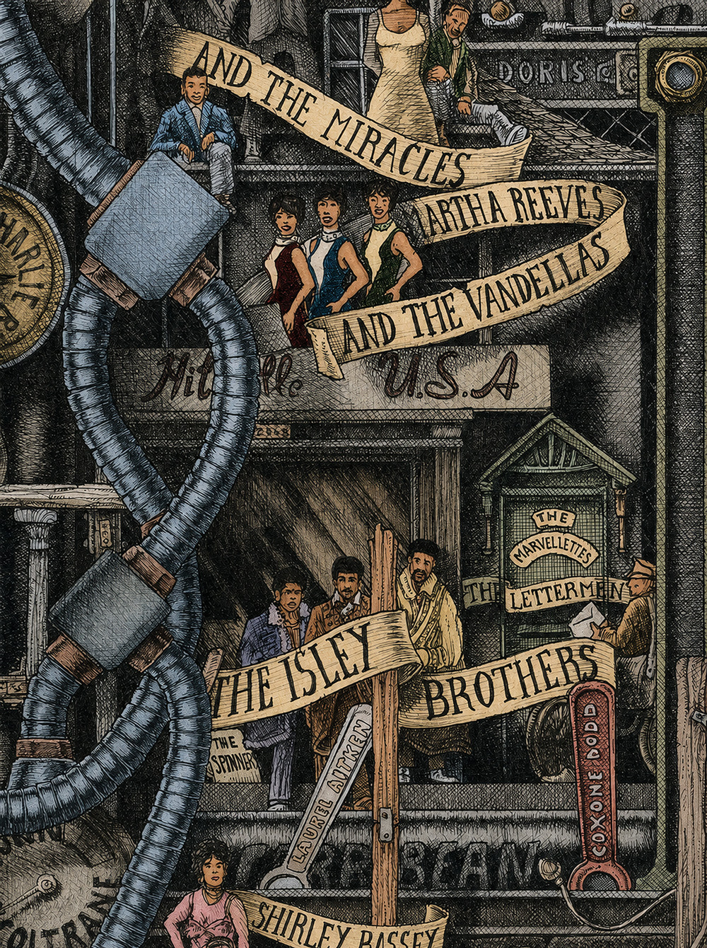 Color drawing from "The Great History of Rock and Roll" by Massimo Cravich, depicting Motown Records and some of its musicians