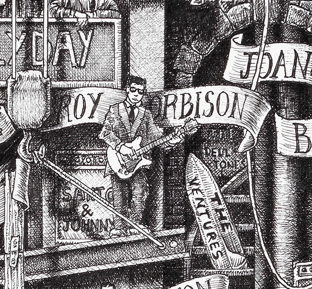 Roy-Orbisob-BW Original black and white ink drawing depicting Roy Orbison from the drawing "The Great Rock and Roll History"
