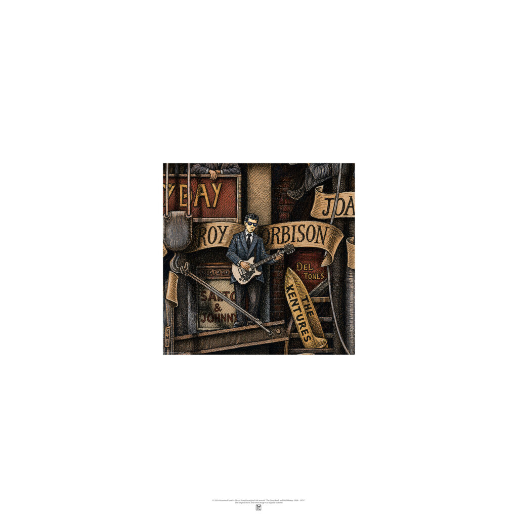 Poster depicting Roy Orbison colored and based on the original drawing "The Great Rock and Roll History"