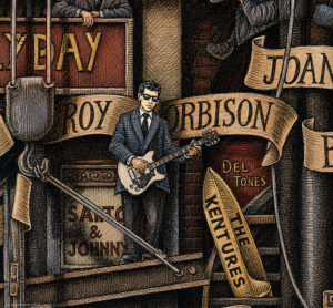 Color illustration depicting Roy Orbison from the drawing "The Great Rock and Roll History"