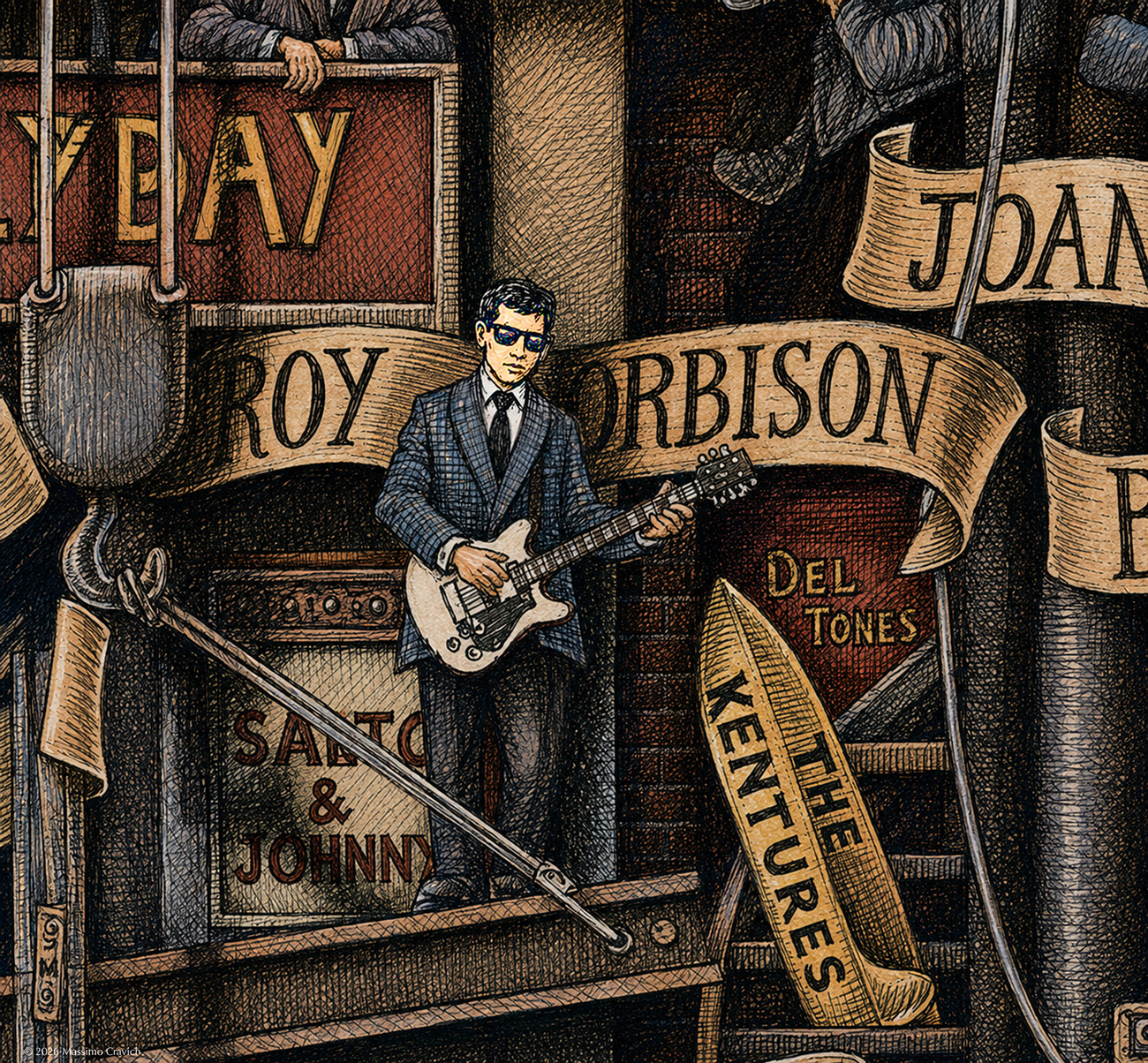 Roy-Orbison-Color Color illustration depicting Roy Orbison from the drawing "The Great Rock and Roll History"