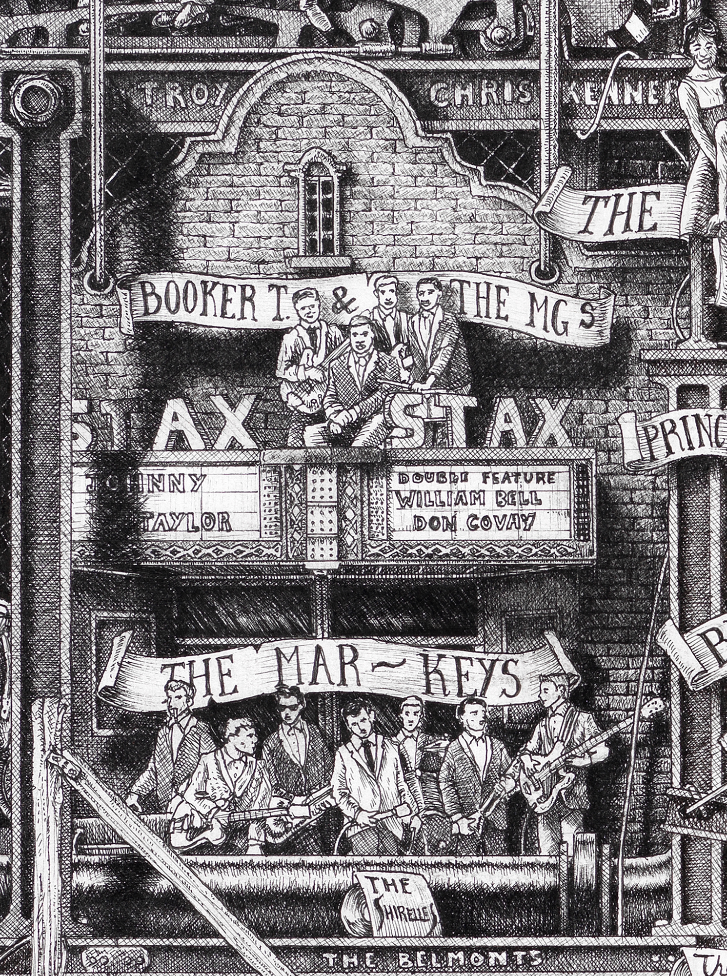 Original black and white ink detail from "The Great History of Rock and Roll" by Massimo Cravich, depicting Stax Records and some of its musicians.