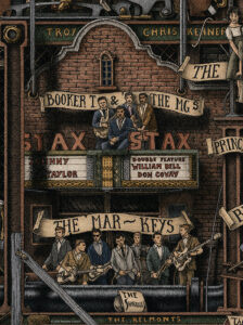 Color drawing from "The Great History of Rock and Roll" by Massimo Cravich, depicting Stax Records and some of its musicians