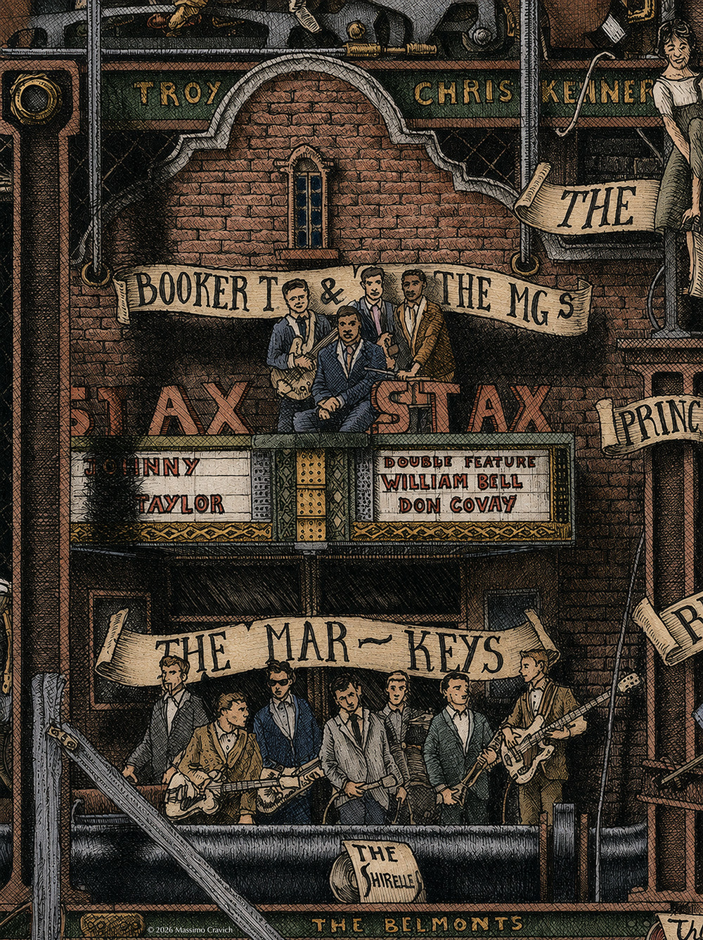 Color drawing from "The Great History of Rock and Roll" by Massimo Cravich, depicting Stax Records and some of its musicians