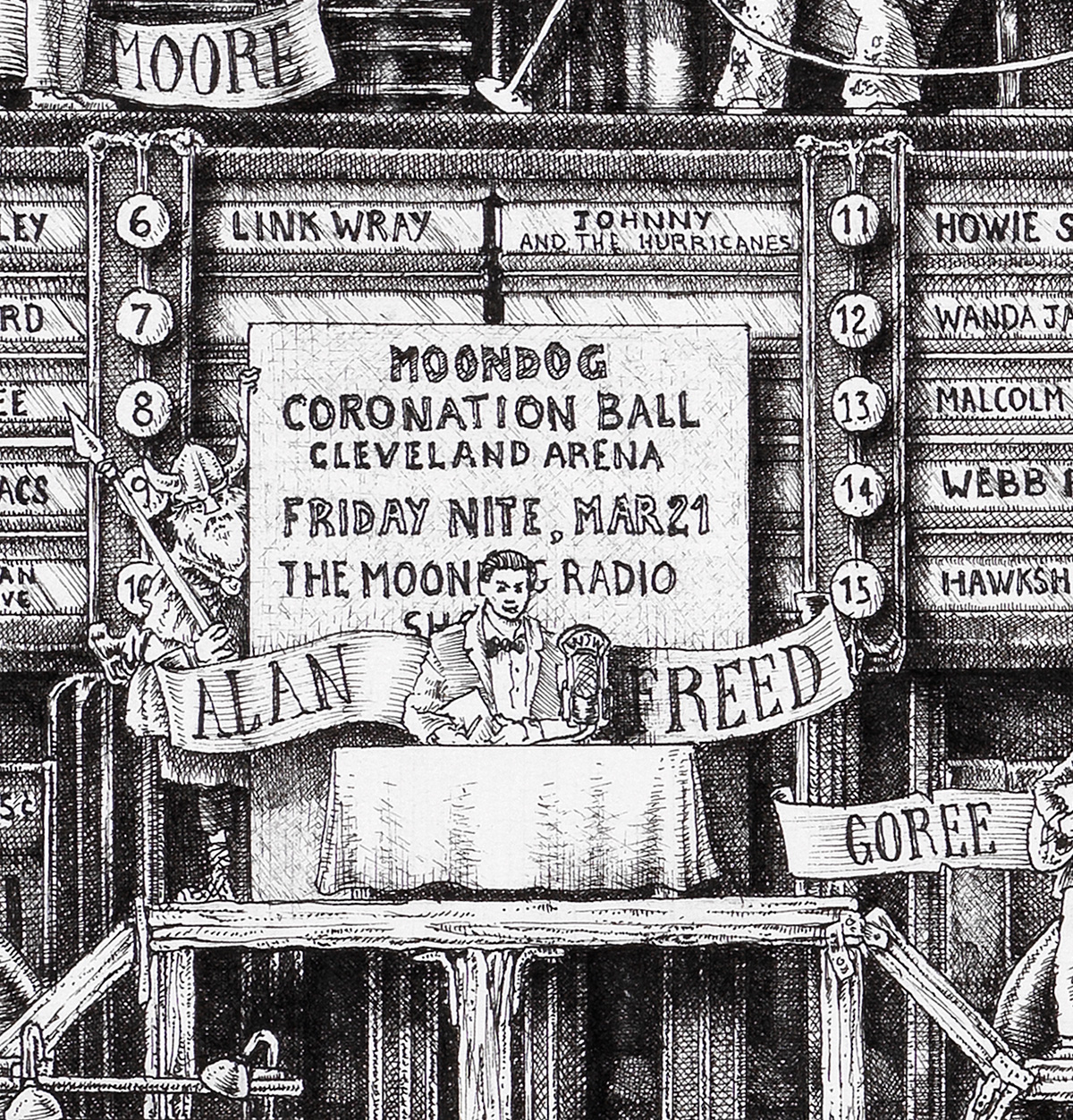 Alan-Freed-and-Moondog-BW Original ink detail from The Great Story of Rock and Roll, depicting Alan Freed and Moondog, in an allegory of the cause that pitted them against each other.