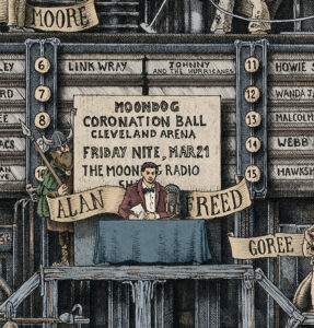Color drawing from The Great Story of Rock and Roll, depicting Alan Freed and Moondog, in an allegory of the cause that pitted them against each other.