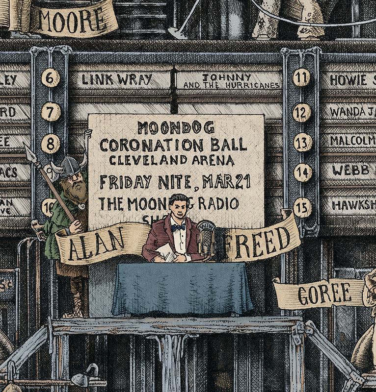 Color drawing from The Great Story of Rock and Roll, depicting Alan Freed and Moondog, in an allegory of the cause that pitted them against each other.