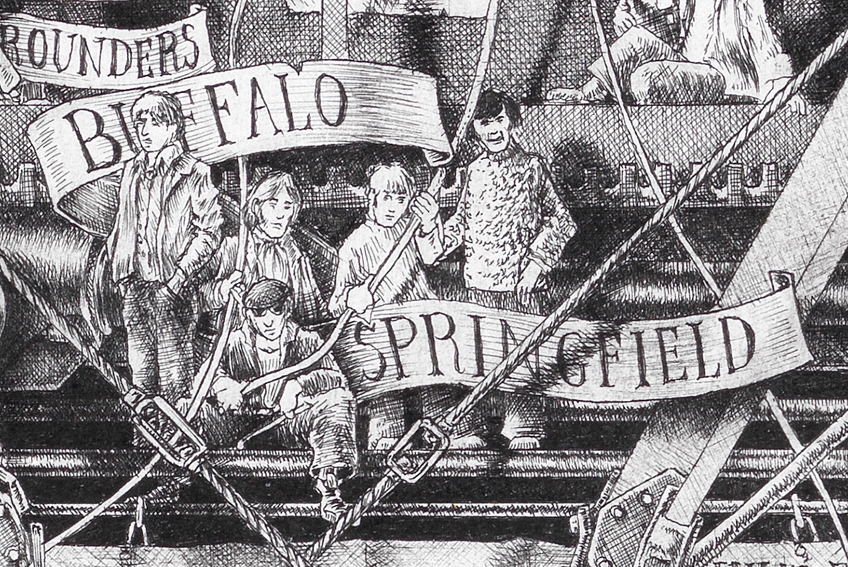 Buffalo-Springfield-BW Original Black and White illustration depicting the rock band Buffalo Springfield from the drawing "The Great Rock and Roll History" by Massimo Cravich