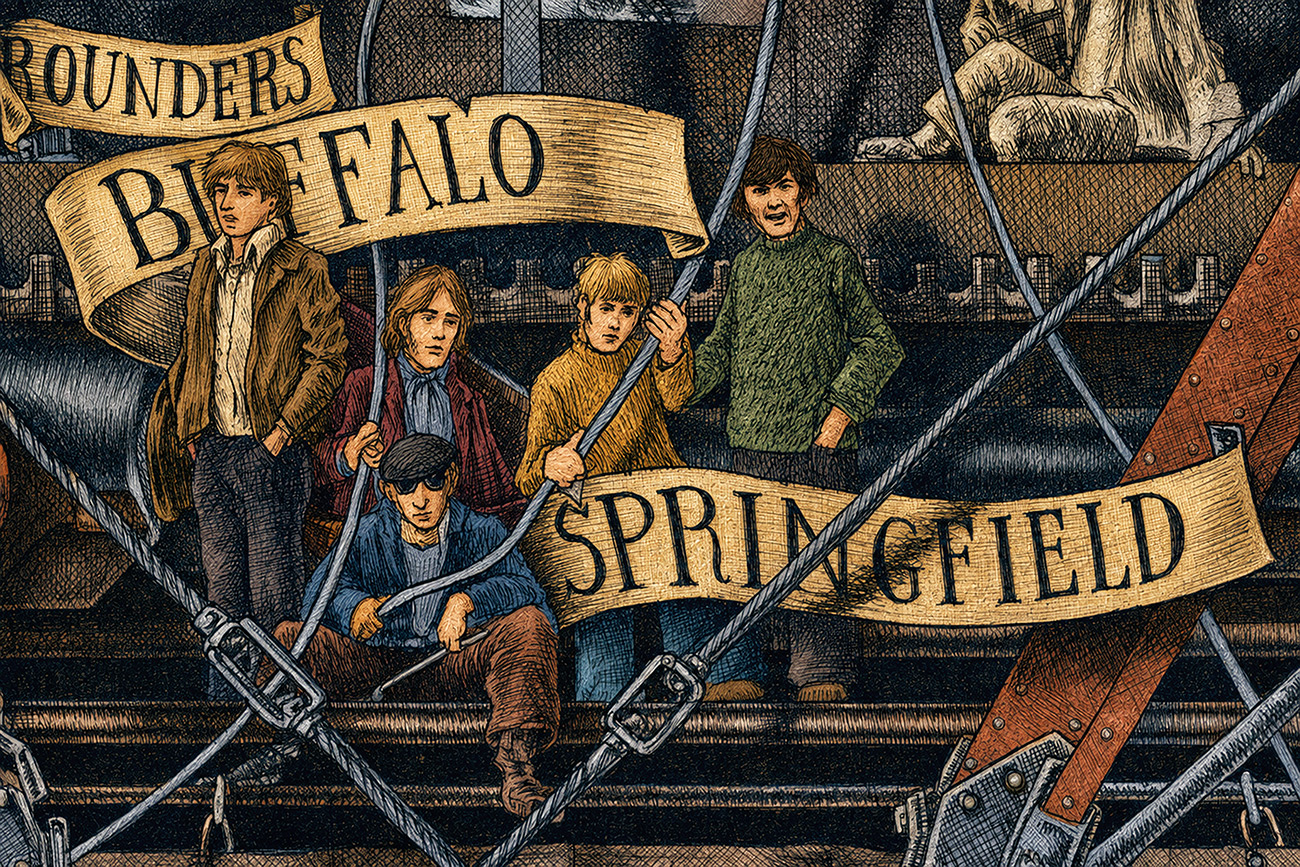 Buffalo-Springfield-Color Color illustration depicting the rock band Buffalo Springfield from the drawing "The Great Rock and Roll History"