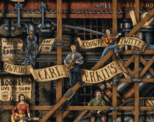 Colored image depicting Carl Perkins colored and based on the original drawing "The Great Rock and Roll History"