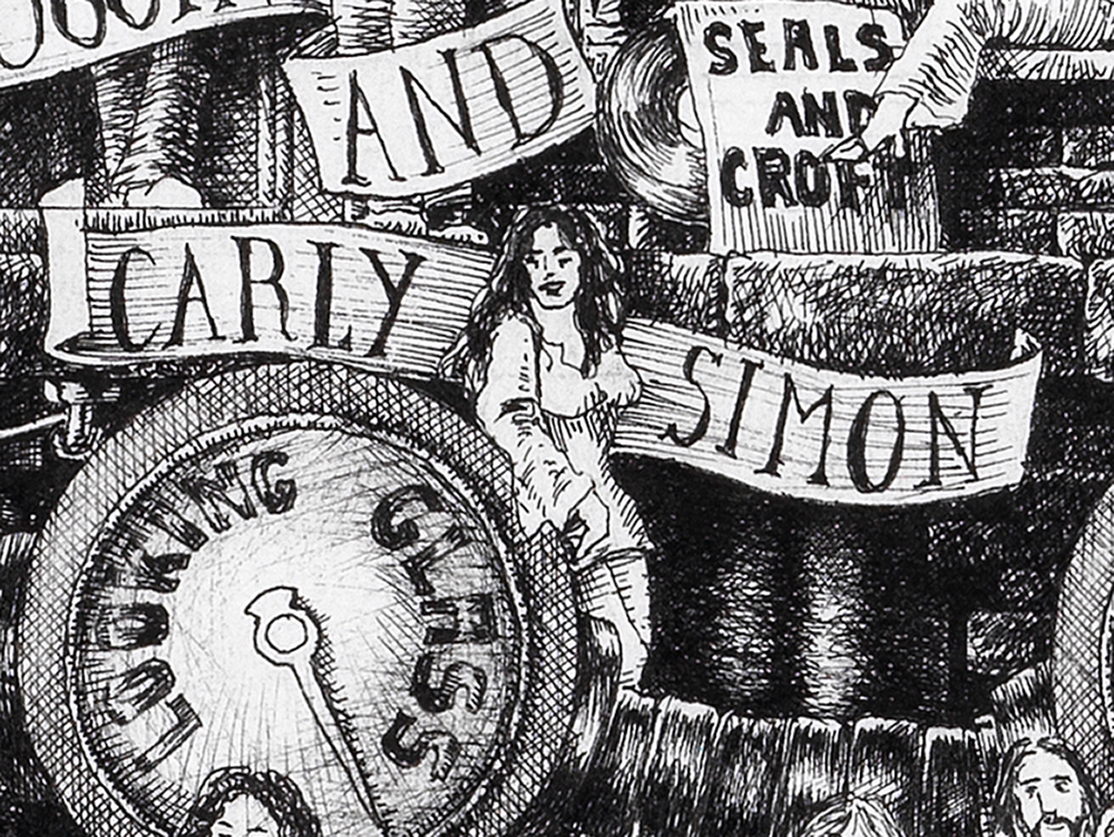 Carly-Simon-BW Original black and white ink drawing depicting Carly Simon from the drawing "The Great Rock and Roll History"
