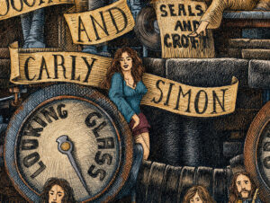 Color illustration depicting Carly Simon from the drawing "The Great Rock and Roll History" by Massimo Cravich