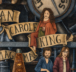 Color illustration depicting Carole King from the drawing "The Great Rock and Roll History" by Massimo Cravich