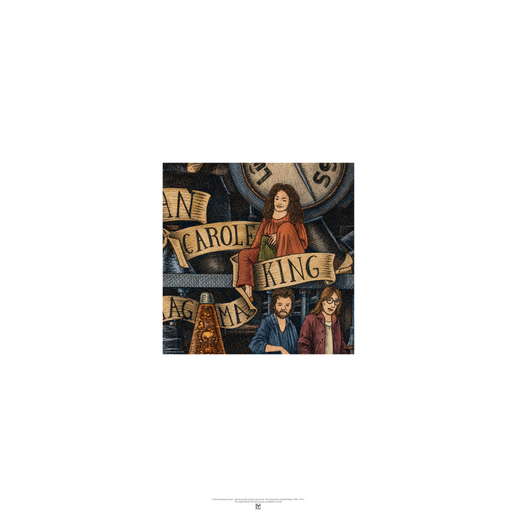 Color poster depicting Carole King from The Great Rock and Roll History by Massimo Cravich