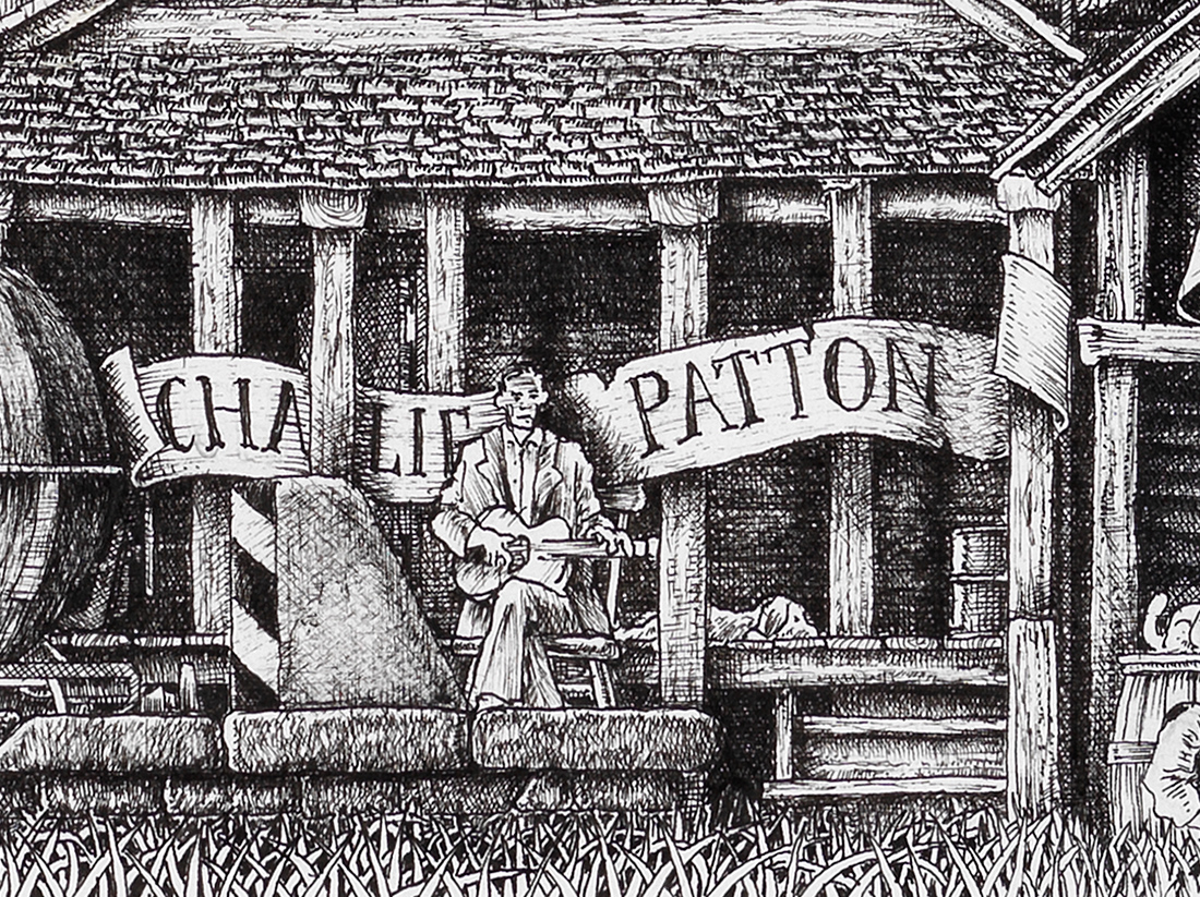 Original black and white ink drawing depicting Charlie Patton from the drawing "The Great Rock and Roll History"