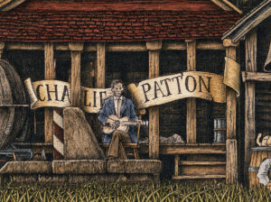 Color illustration depicting Charlie Patton from the drawing "The Great Rock and Roll History" by Massimo Cravich