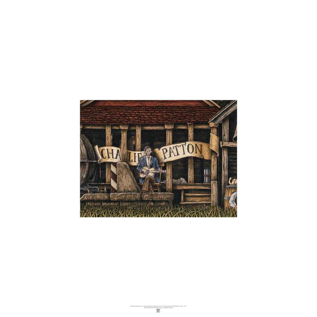 Color poster depicting Charlie Patton from The Great Rock and Roll History by Massimo Cravich