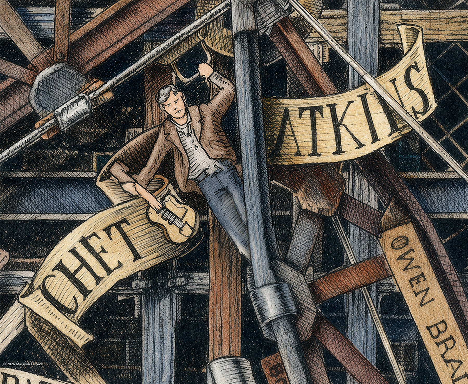 Chet-Atkins-Color Colored image depicting the country singer Chet Atkins colored and based on the original drawing "The Great Rock and Roll History"