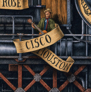 Colored image depicting Cisco Houston colored and based on the original drawing "The Great Rock and Roll History"