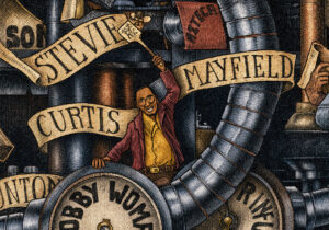 Color illustration depicting Curtis Mayfield from the drawing "The Great Rock and Roll History" by Massimo Cravich