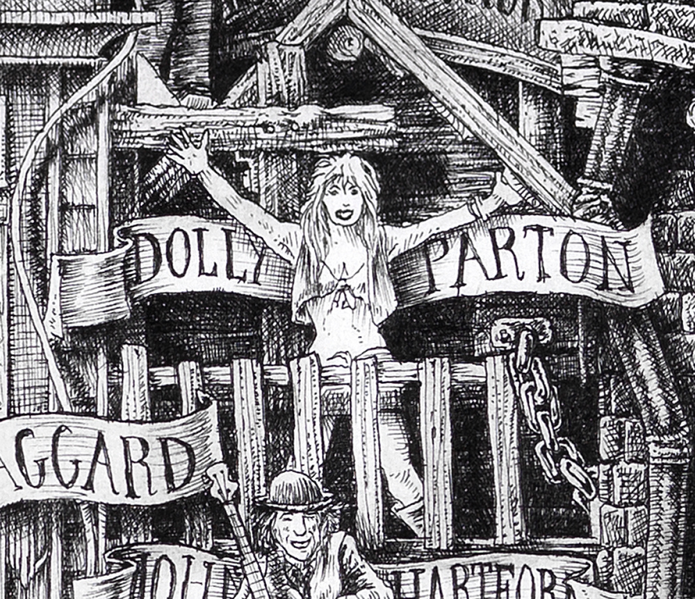 Dolly-Parton-BW Original black and white ink drawing depicting Dolly Parton from the drawing "The Great Rock and Roll History"