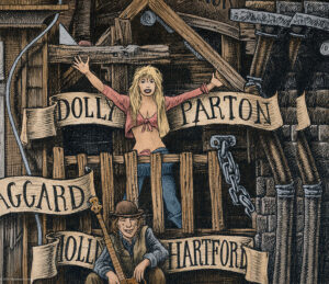 Color illustration depicting Dolly Parton from the drawing "The Great Rock and Roll History" by Massimo Cravich