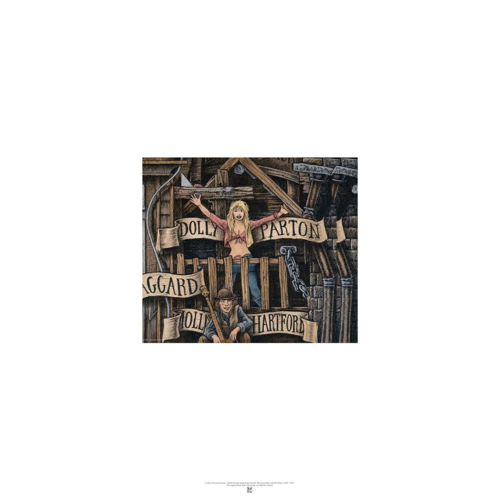 Color poster depicting Dolly Parton from The Great Rock and Roll History by Massimo Cravich