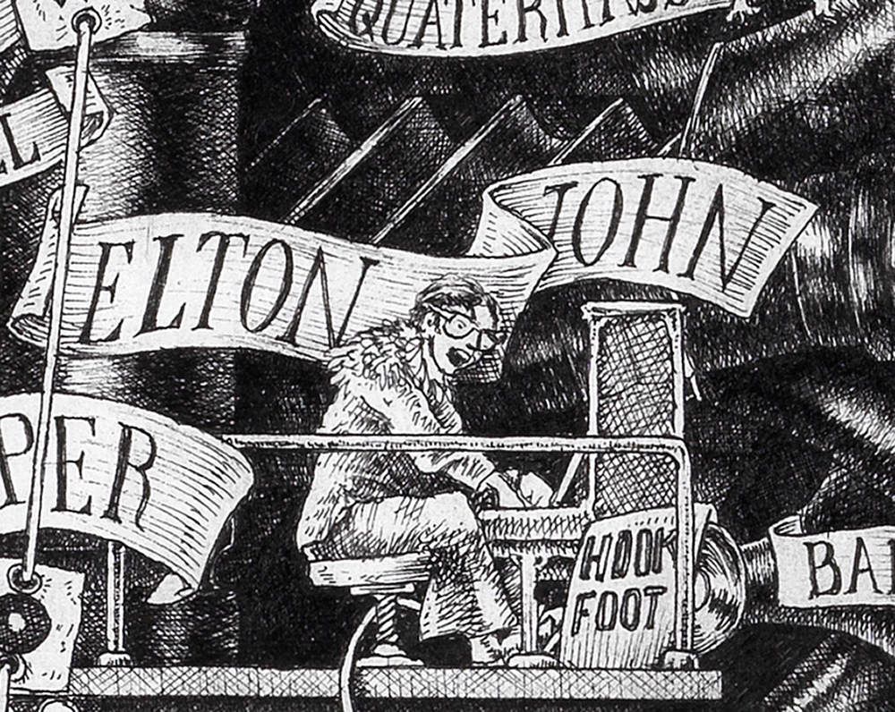 Elton-John-BW Original black and white ink drawing depicting Elton John from the drawing "The Great Rock and Roll History"