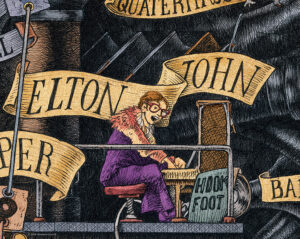Colored image depicting Elton John colored and based on the original drawing "The Great Rock and Roll History"