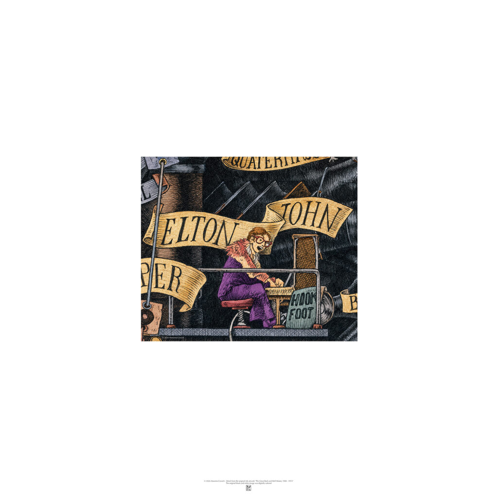 Poster depicting Elton John colored and based on the original drawing "The Great Rock and Roll History"