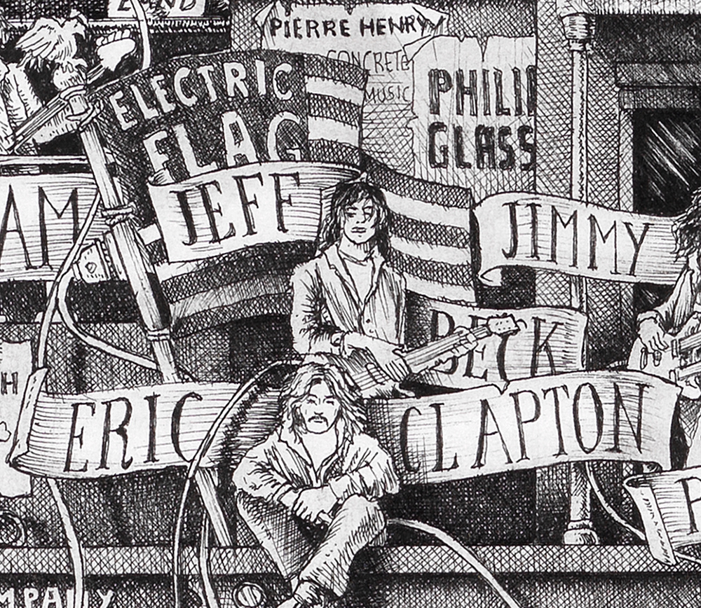 Eric-Clapton-and-Jeff-Beck-BW Original black and white ink drawing depicting Eric Clapton and Jeff Beck from the drawing "The Great Rock and Roll History"