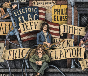 Colored image depicting Eric Clapton and Jeff Beck colored and based on the original drawing "The Great Rock and Roll History"