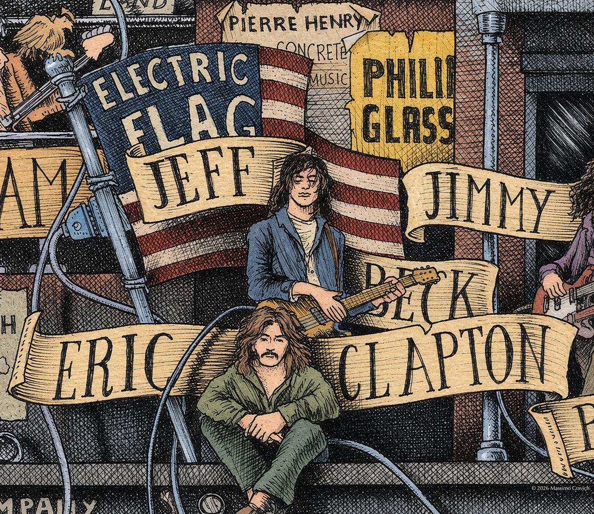 Eric-Clapton-and-Jeff-Beck-Color Colored image depicting Eric Clapton and Jeff Beck colored and based on the original drawing "The Great Rock and Roll History"