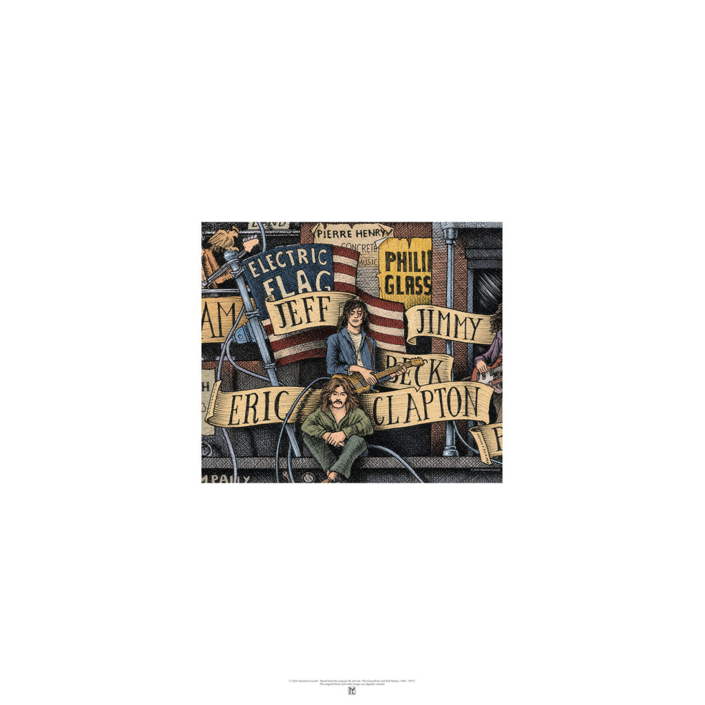 Poster depicting Eric Clapton and Jeff Beck colored and based on the original drawing "The Great Rock and Roll History"