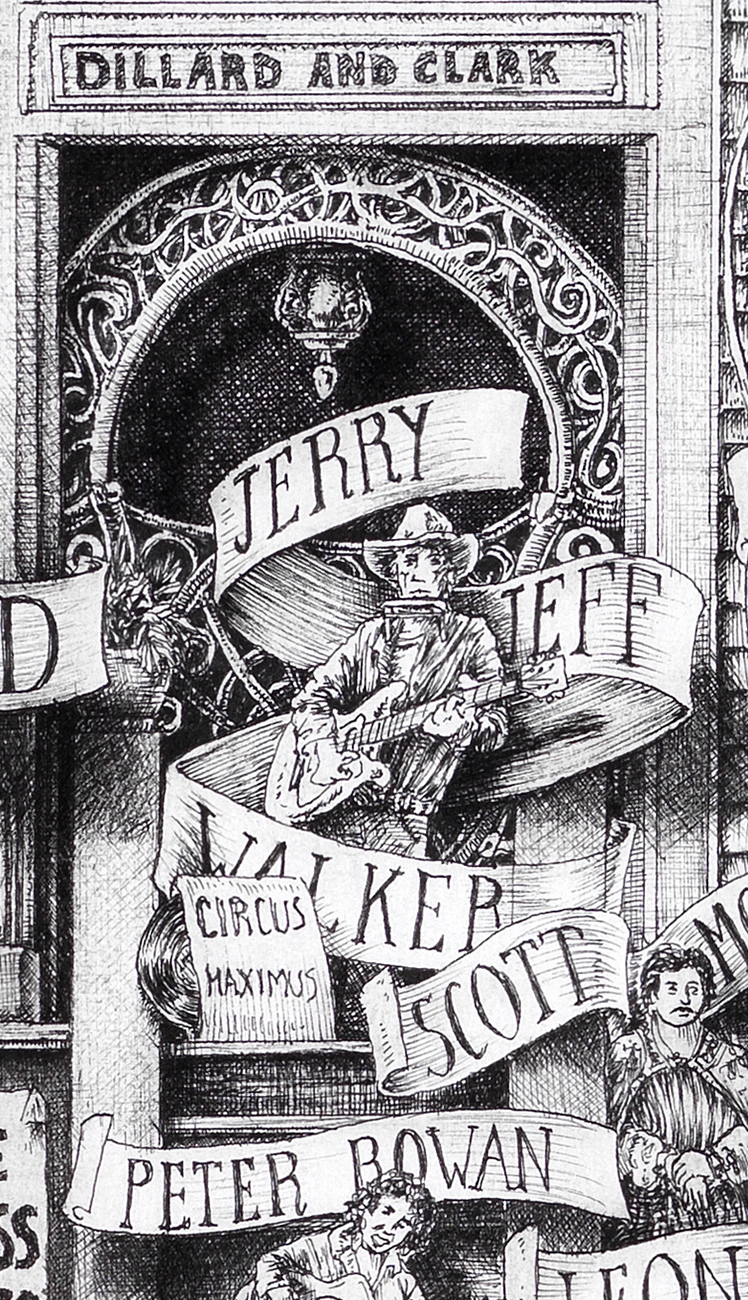Jerry-Jeff-Walker-BW Original black and White image depicting the country singer Jerry Jeff Walker from the original drawing "The Great Rock and Roll History"