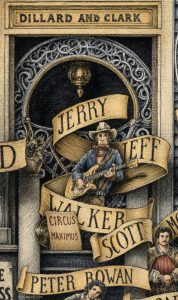Colored image depicting the country singer Jerry Jeff Walker colored and based on the original drawing "The Great Rock and Roll History"