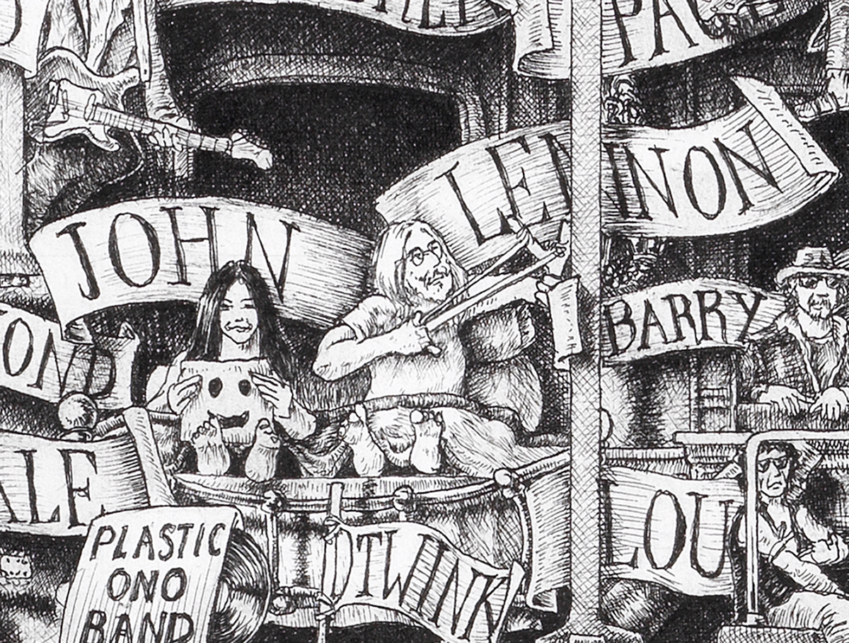 John-Lennon-BW Original black and White image depicting John Lennon and Yoko Onofrom the original drawing "The Great Rock and Roll History"