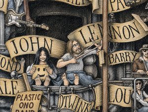 Colored image depicting John Lennon and Yoko Ono colored and based on the original drawing "The Great Rock and Roll History"