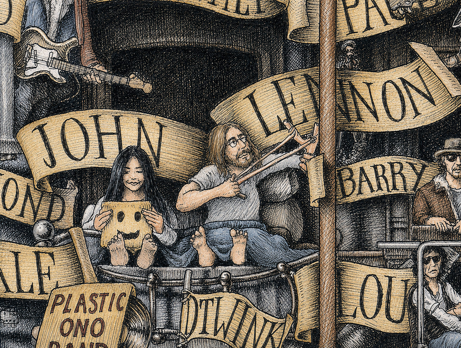 John-Lennon-color Colored image depicting John Lennon and Yoko Ono colored and based on the original drawing "The Great Rock and Roll History"