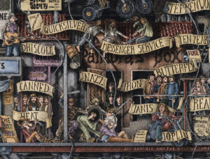 Color drawing from The Great History of Rock and Roll, depicting Pandora's Box, an allegory of the incidents that occurred there.