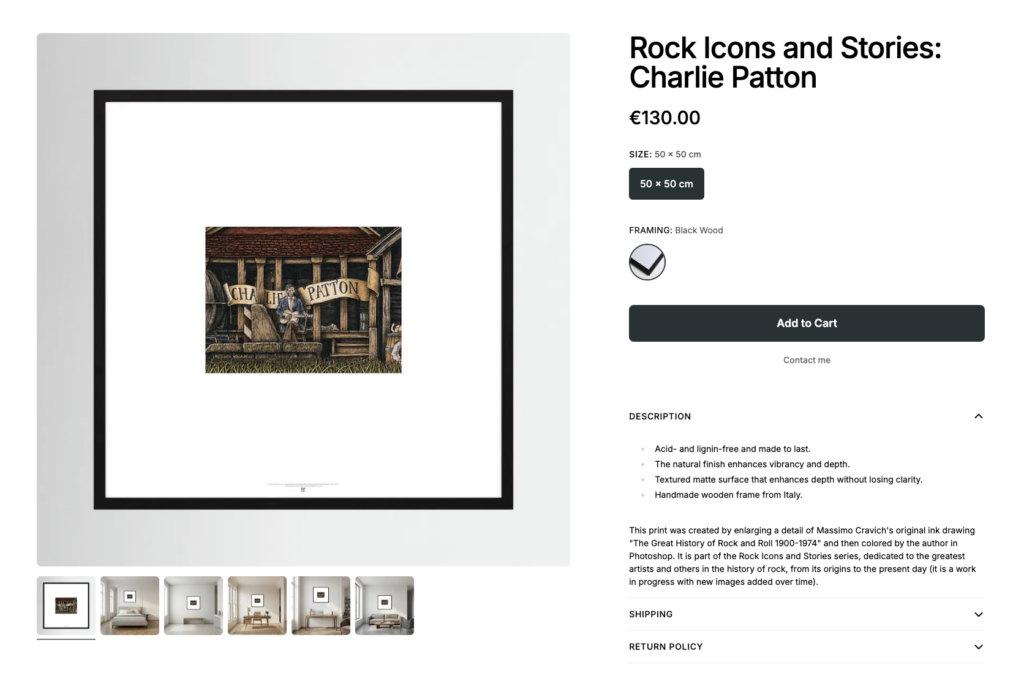 Dedicated card for purchasing the print "Charlie Patton", part of the "Rock Icons" print series.