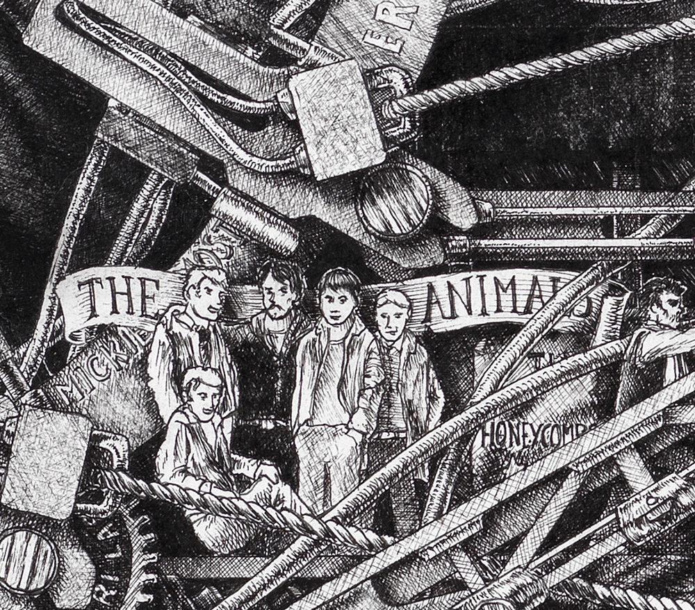 The-Animals-BW Original Black and White illustration depicting the rock band The Animals from the drawing "The Great Rock and Roll History" by Massimo Cravich