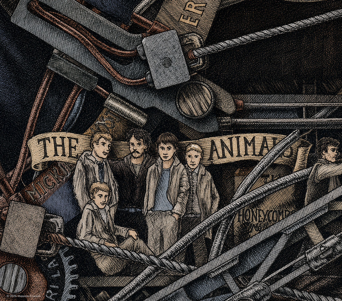 The-Animals-Color Color illustration depicting the rock band The Animals from the drawing "The Great Rock and Roll History"