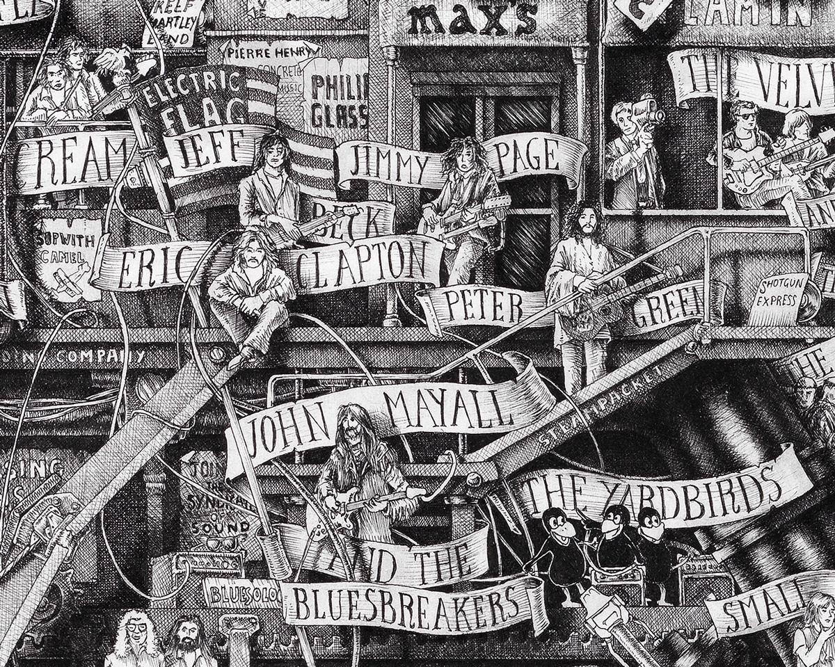 The-Cream-of-Brit-Blues-BW Original black and white ink drawing depicting the greatest British Blues Band from the drawing "The Great Rock and Roll History"