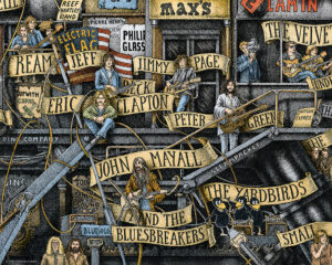 Colored image depicting The British Blues rock scene colored and based on the original drawing "The Great Rock and Roll History"