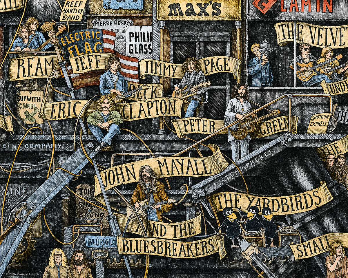 The-Cream-of-Brit-Blues-Color Colored image depicting The British Blues rock scene colored and based on the original drawing u0022The Great Rock and Roll Historyu0022
