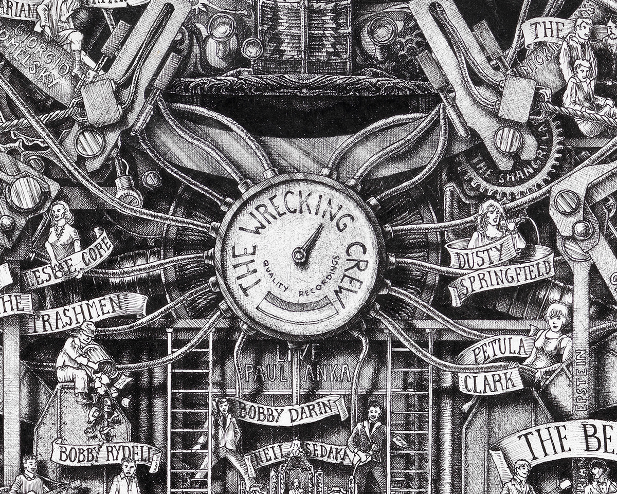 The-Wrecking-Crew-BW Original ink detail from The Great History of Rock and Roll, depicting the Wrecking Crew and its musicians in an allegorical image.