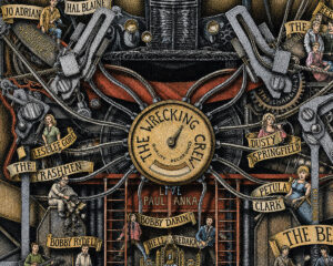 Color drawing from The Great History of Rock and Roll, celebrating the Wrecking Crew and its musicians in an allegorical image.