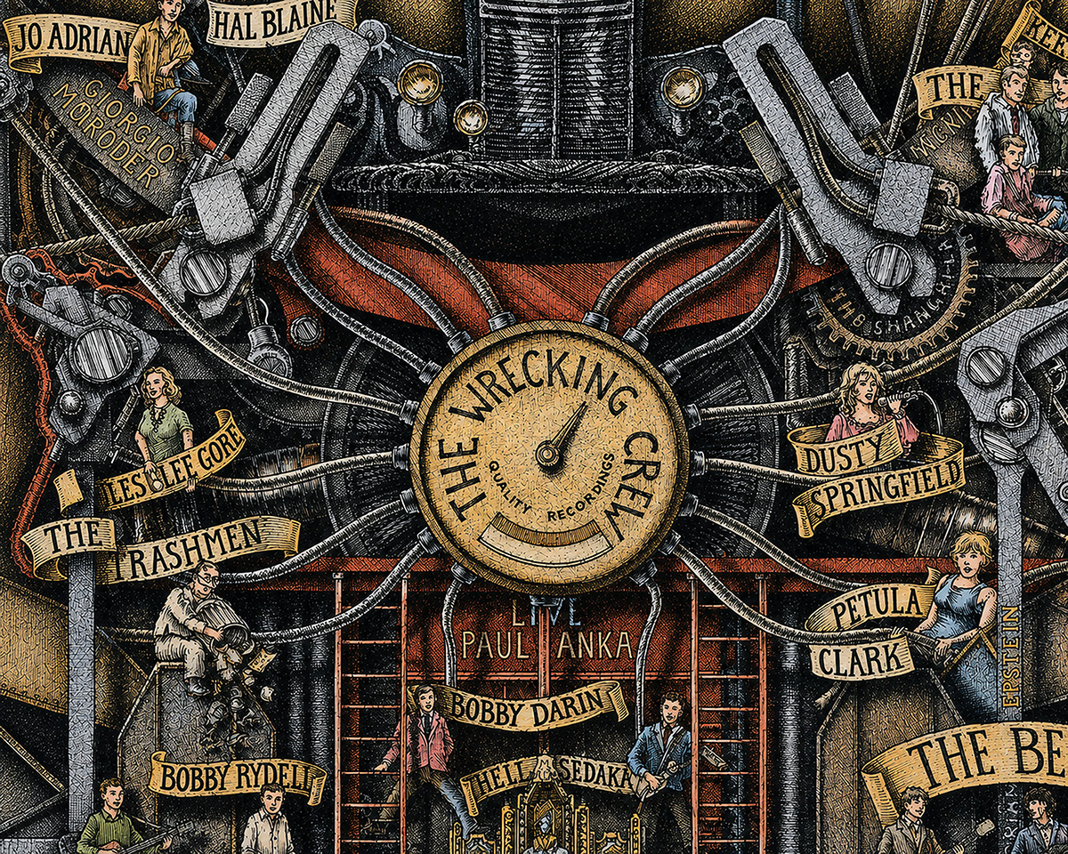 The-Wrecking-Crew-Color Color drawing from The Great History of Rock and Roll, celebrating the Wrecking Crew and its musicians in an allegorical image.